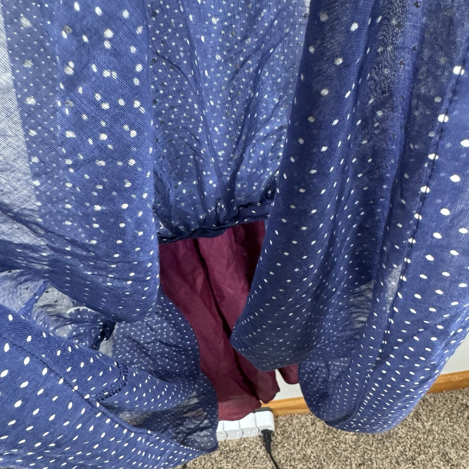 Vtg Ruffle Maxi Dress Sheet Blue Polka Dot Over Lining JC Penny Women Sz 11/12