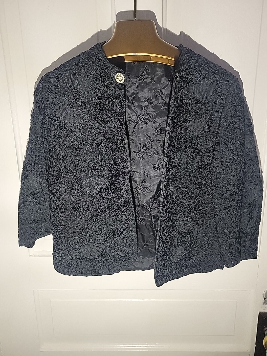 Vintage Black Ribbon Brocade 1/2 Sleeve Jacket, Snap Closure At Top, Size 12