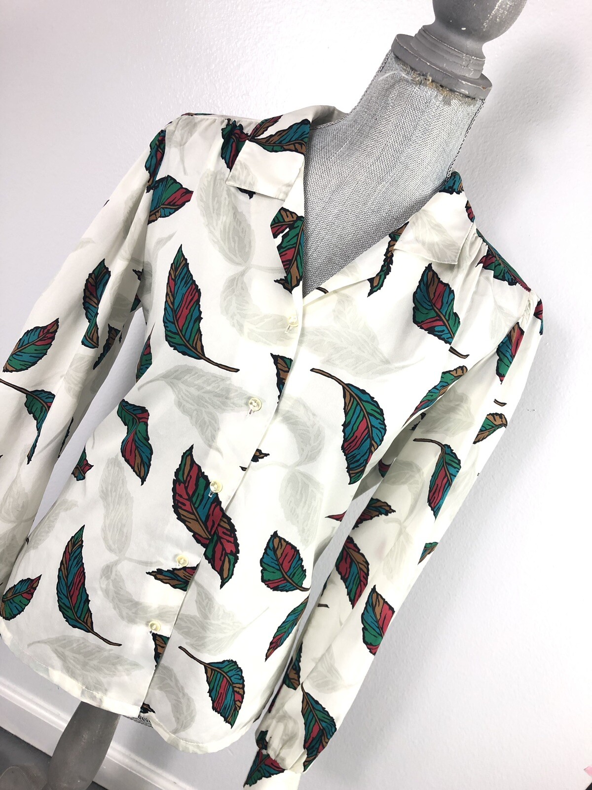 Vintage White Red Green Feather Button Down Long Sleeve Blouse Arabella Blake12