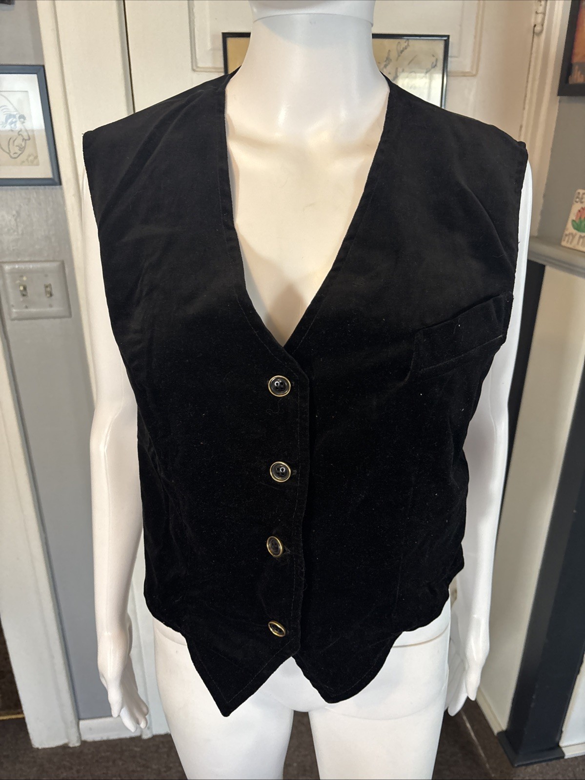 VTG 70s Velvet Black Vest Women’s 15/16 CAPER MATES Cropped Buttons BOHO