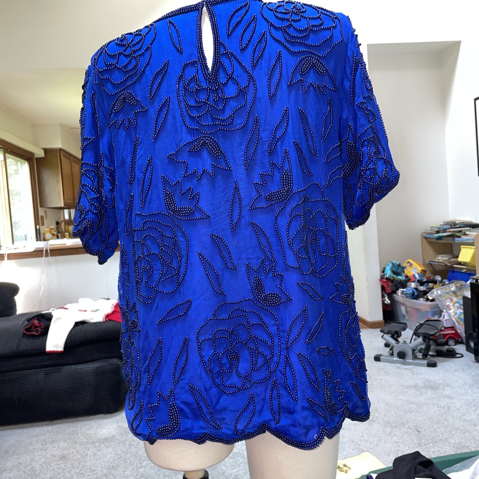 Stenay Padded Shoulders Blue Black Beaded Short Sleeve Top Size Medium