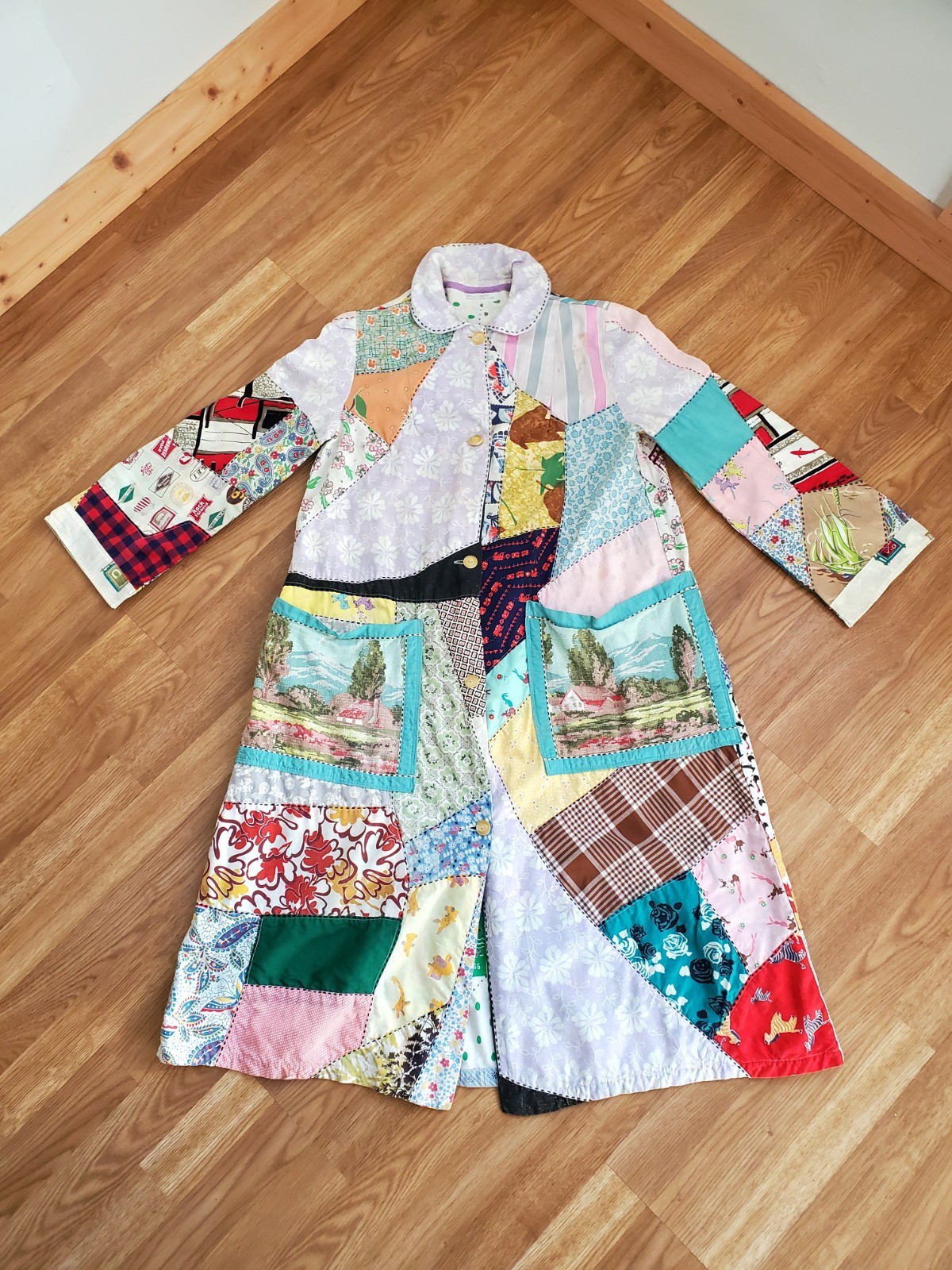 Vintage 1950s Crazy Quilt Chore Coat Jacket Patchwork Magnolia Pearl Handmade
