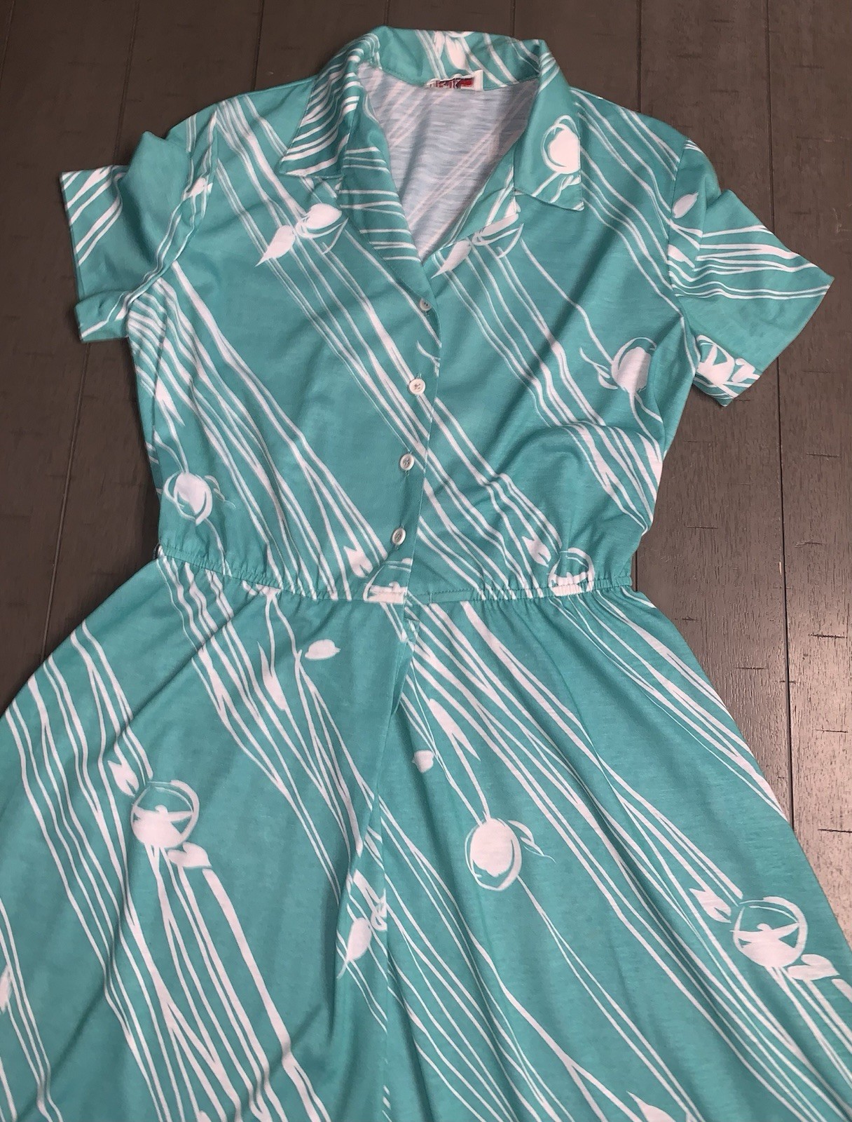 A7 VTG 80s R&K ORIGINALS TROPICAL FLORAL AQUA/WHITE SHIRT DRESS 7/8 ROCKABILLY