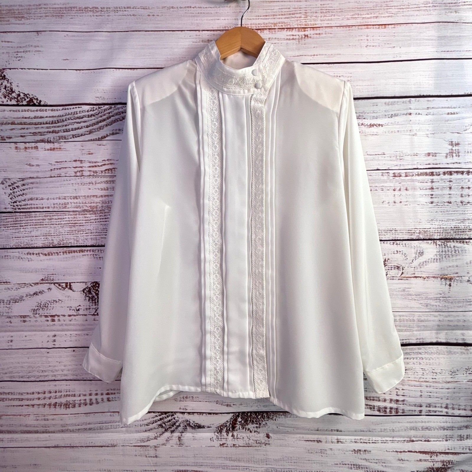 Victorian Coquette Vintage Blouse 12 White Silky Lace Mock Neck Dark Academia