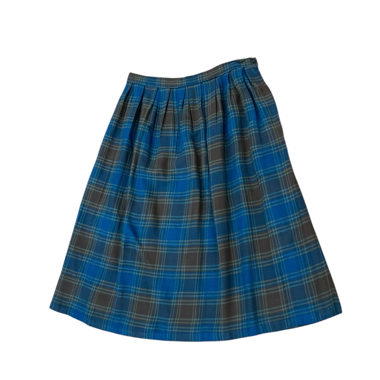 Vintage 50s Blue Brown Plaid Pleated A-Line Skirt Side Zip Mid Century XS