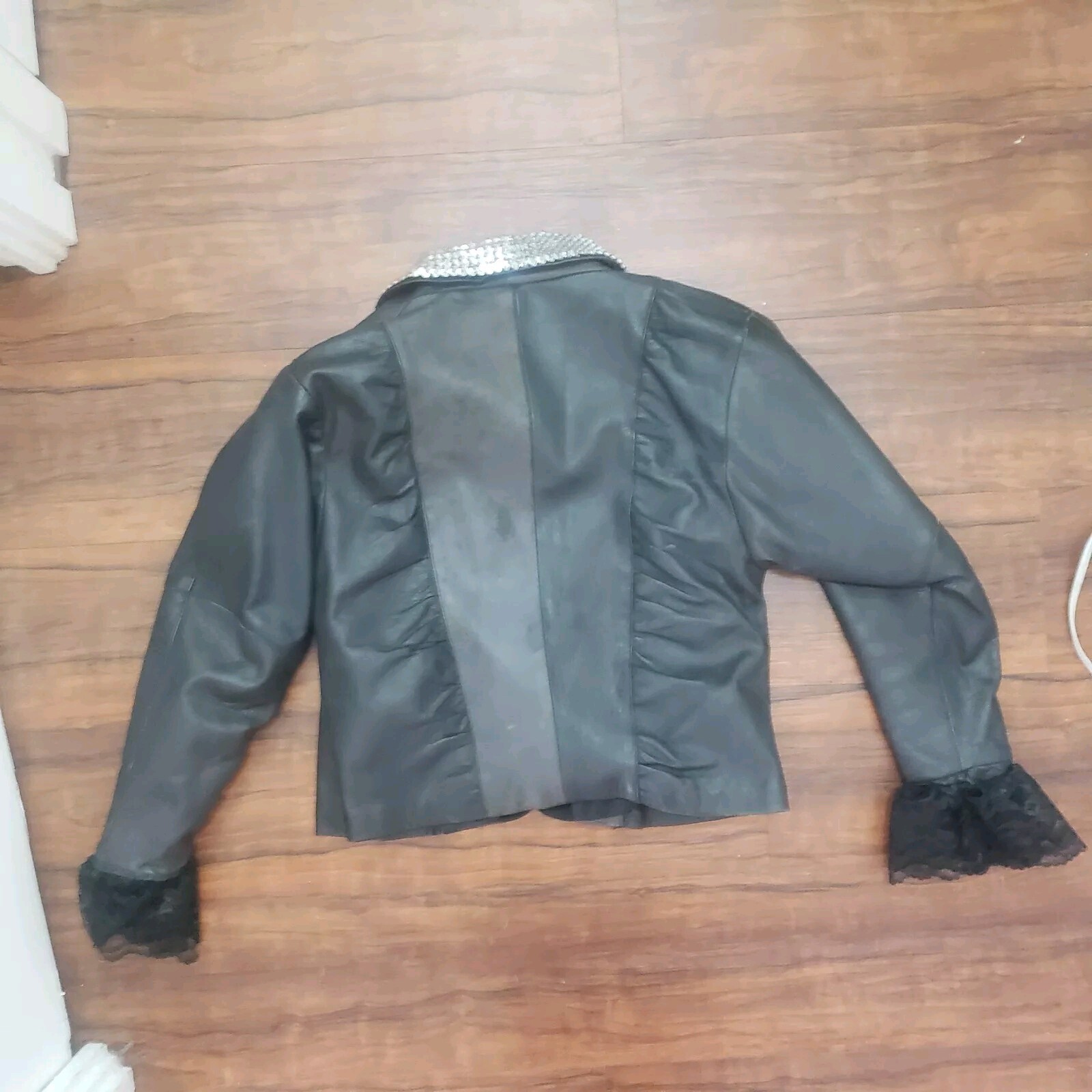 Vtg 80s Sz L black Leather Jacket sequins collar puff sleeves Glam Mobwife