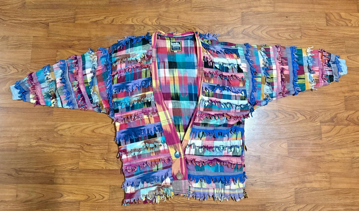 PAULA SWEET Vintage 80s/90s Muslin Mink Fringe Shag Sweater Cardigan Size S
