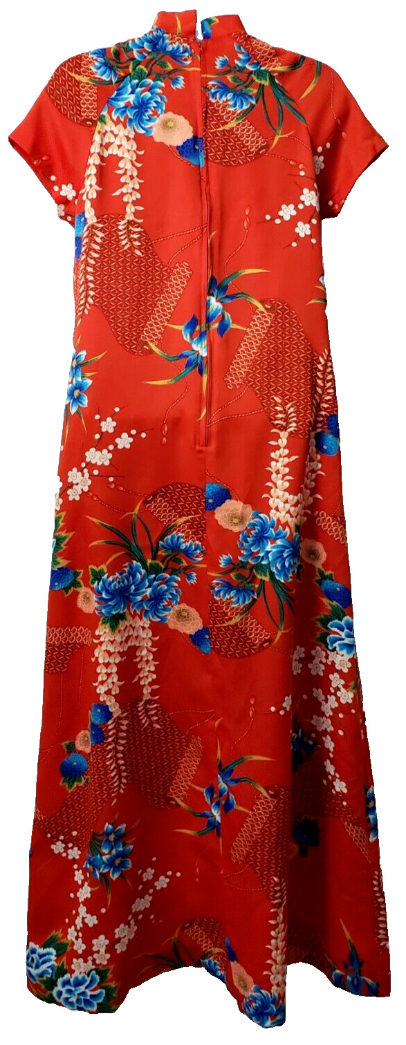 Hilo Hattie Hawaiian Dress 6 Maxi Asian Mandarin Collar Floral Red Vintage 70s