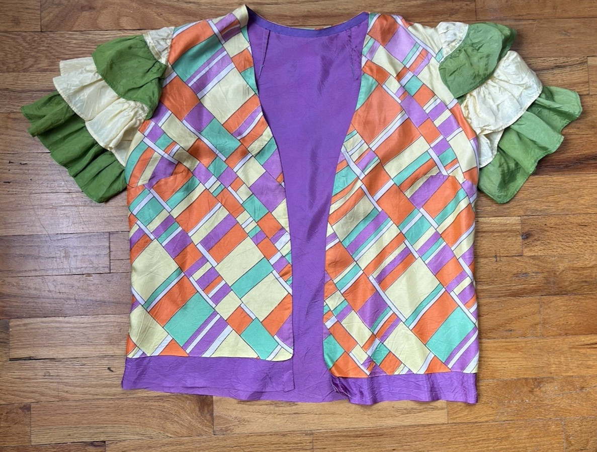 Vintage handmade S/M 80s satin blouse costume circus clown ruffle tiered sleeve
