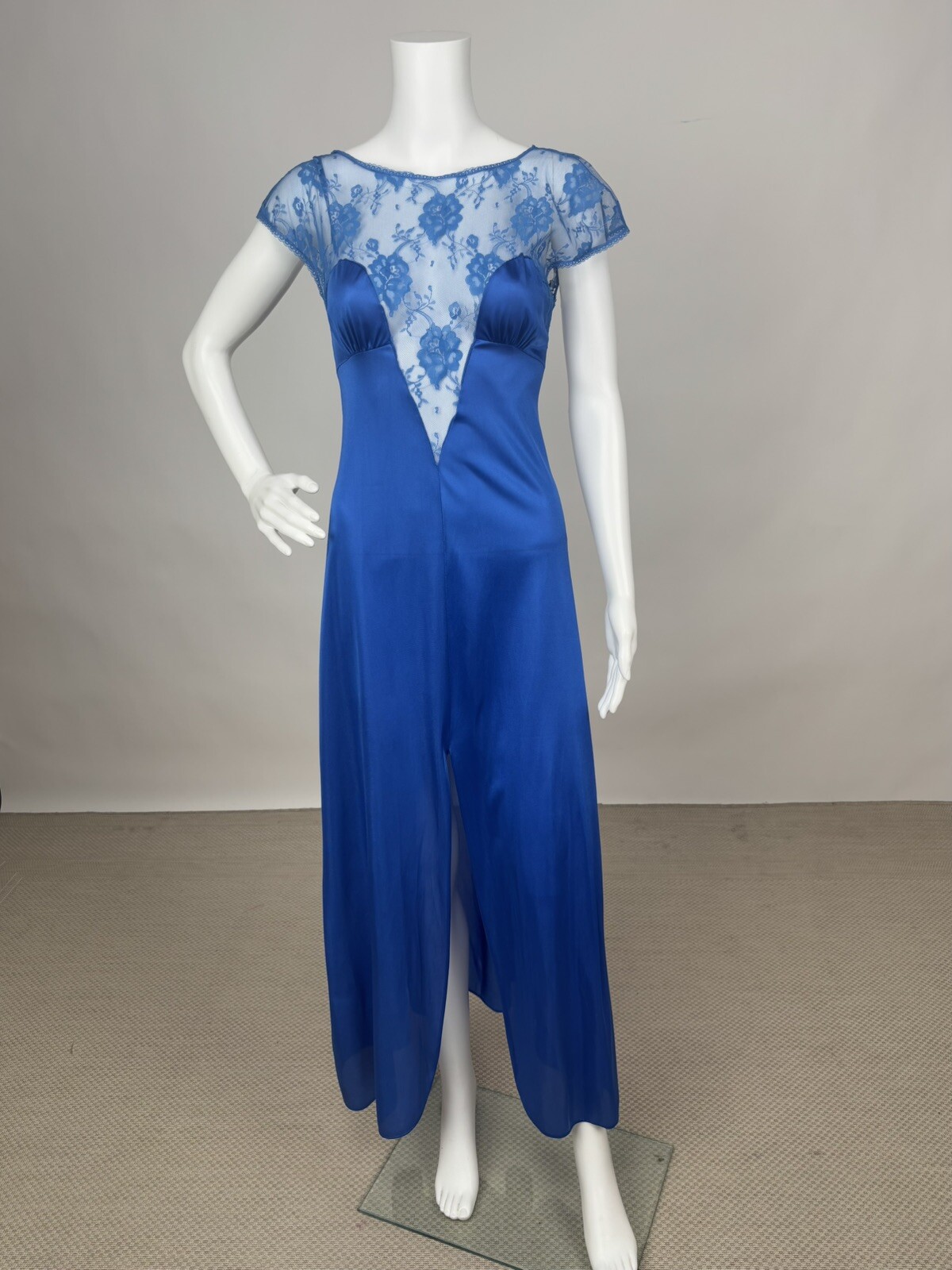 Vintage 1980s Sexy Blue Nylon Slip Dress Night Gown Lingerie boudoir Lace