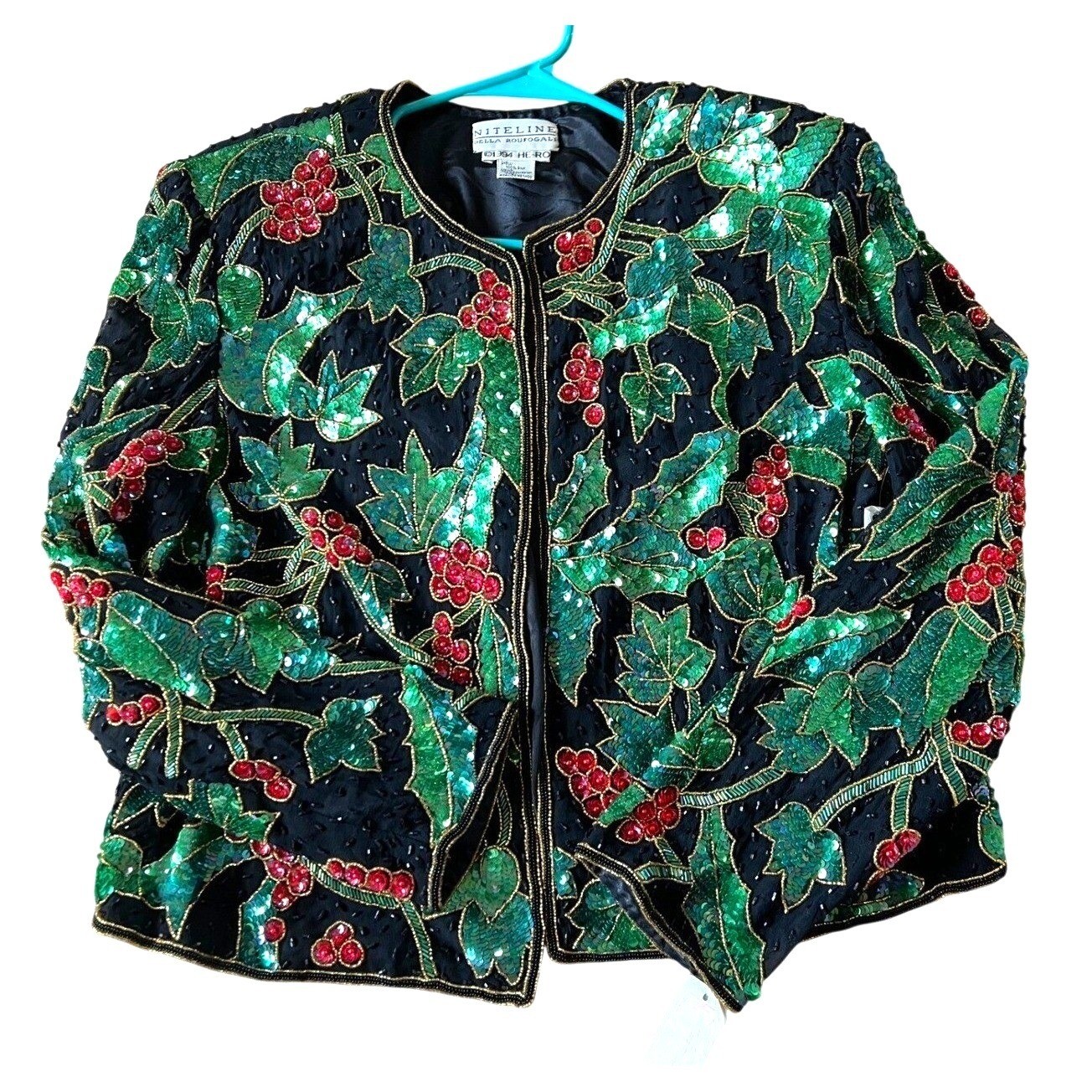 Niteline Della Roufogali Vintage 90s Sequin Holly Berry Silk Jacket NWT Holiday