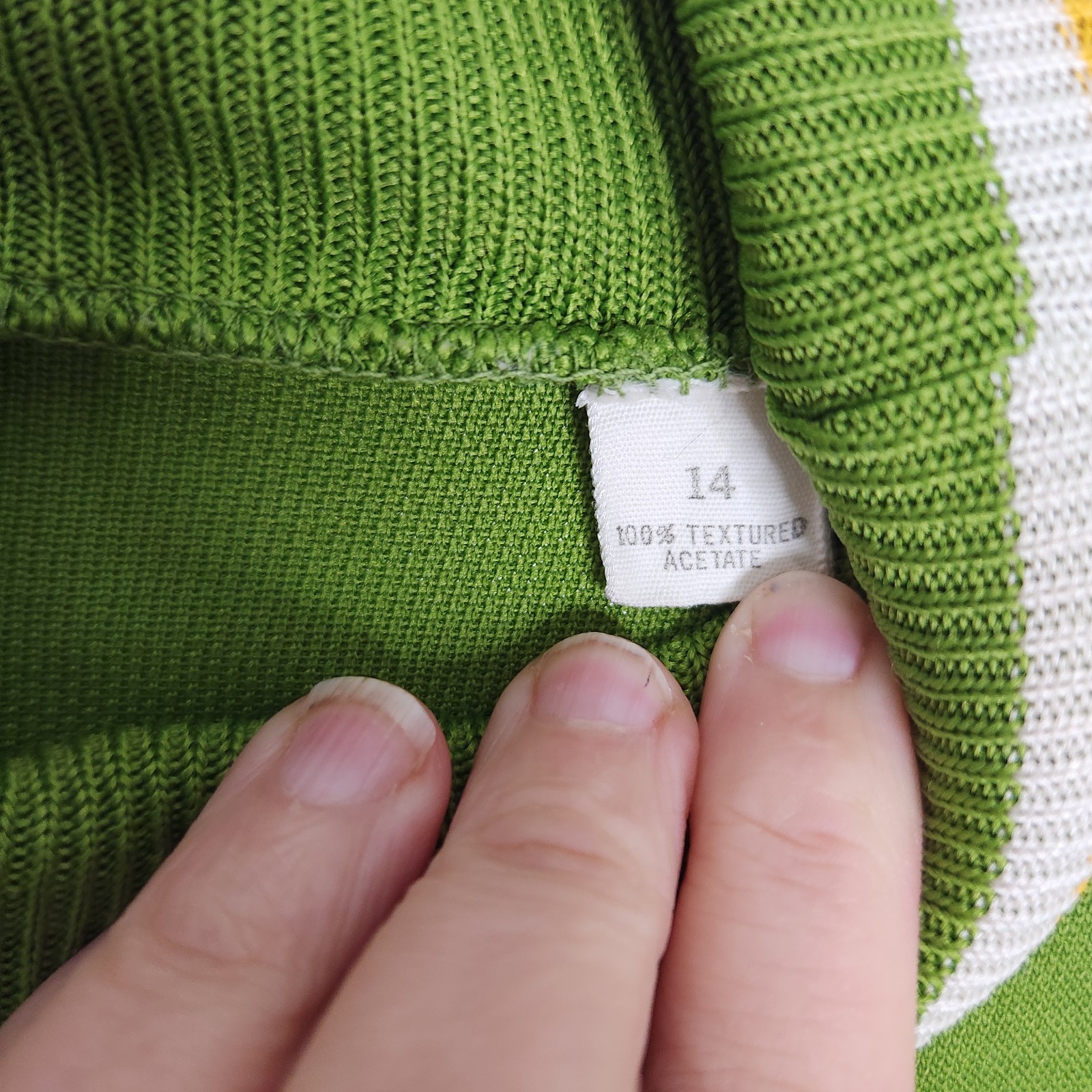 Vintage 70s Andrew Fifth Ave Avocado Green Turtleneck Shirt Rainbow Trim Size 14