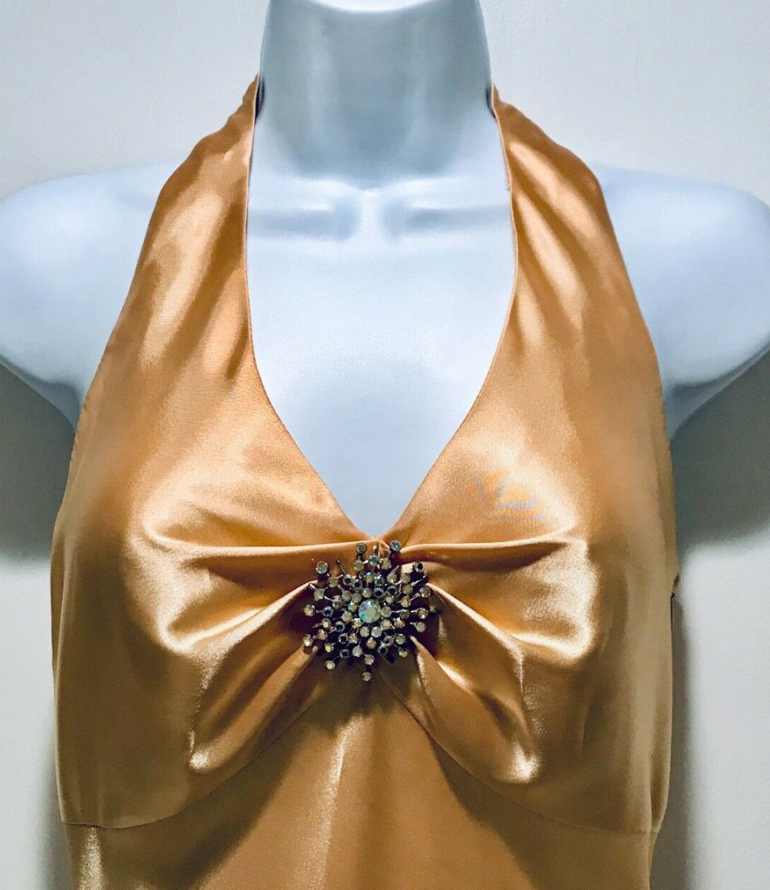 Vtg 80s Sz. 6 Ball Gown/Prom Dress. Gold Halter w/Brooch. Empire Waist. Art Deco