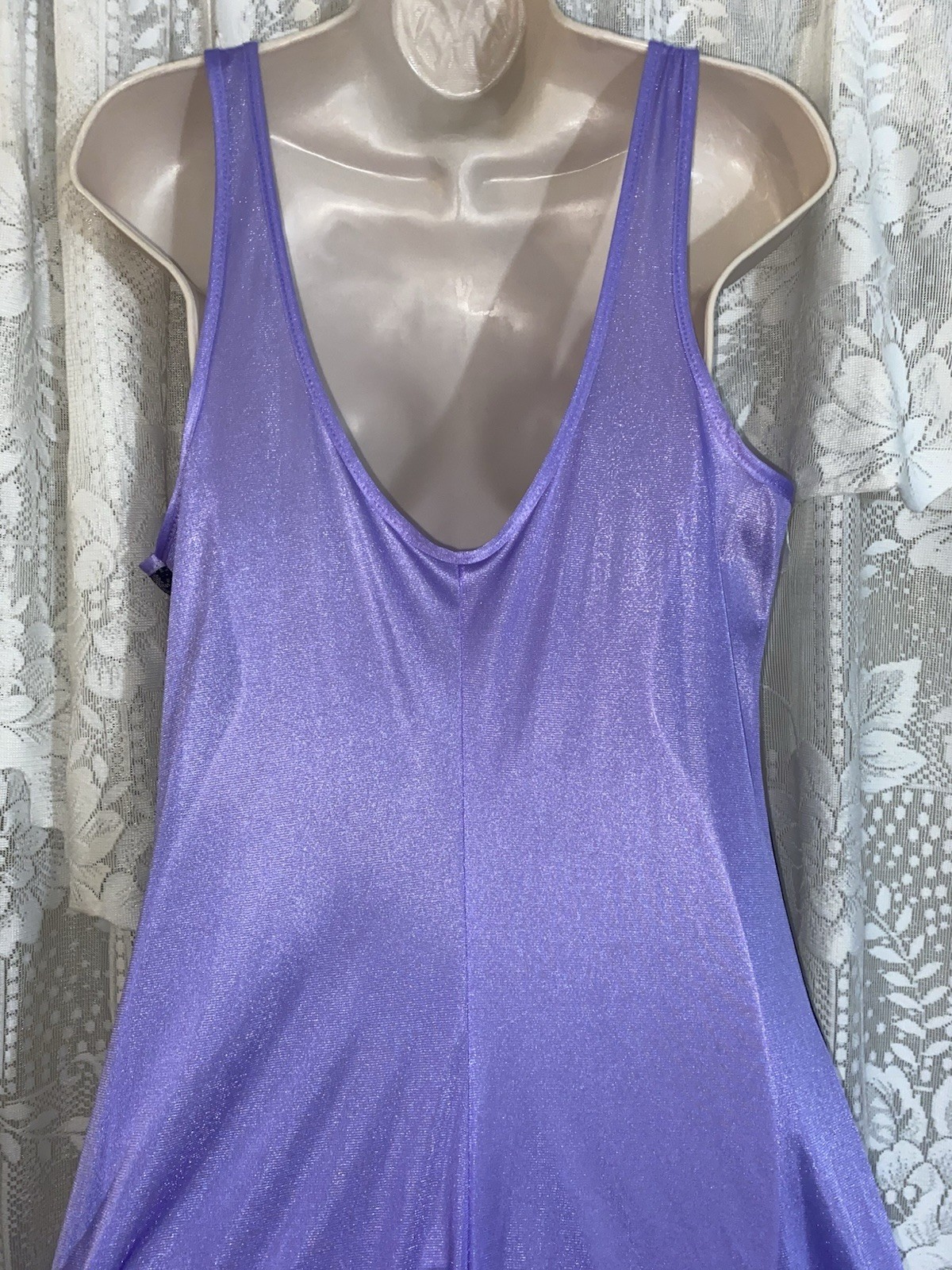 Vtg 1X Purple NYLON Nightgown Negligee Gown w Inset Chevron Black LACE USA Made
