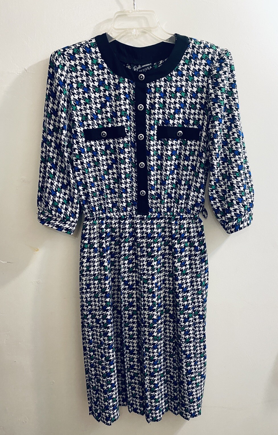 Vtg Brelis Blouson Dress Womens 10 Green Black Secretary Padded Puffed *No BELT