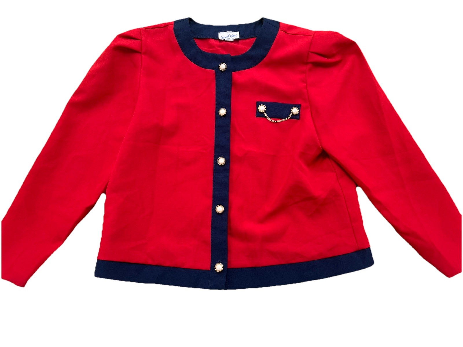 Vintage Goodtimes Red Navy Button Up Blazer Jacket Gold Chain Accent Womens M