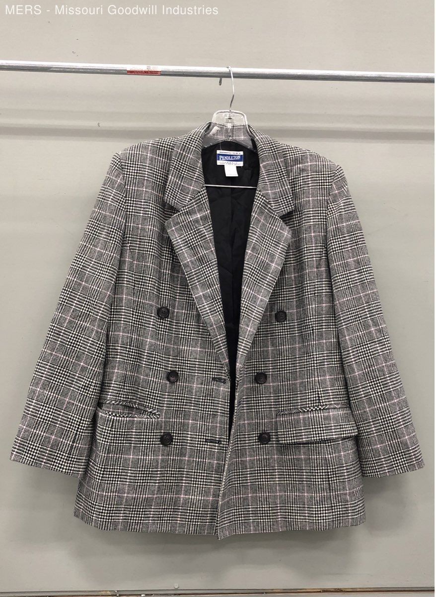 Vintage 90s Pendleton Women’s Gray Pink Glen Plaid Wool Double Breasted Blazer 6