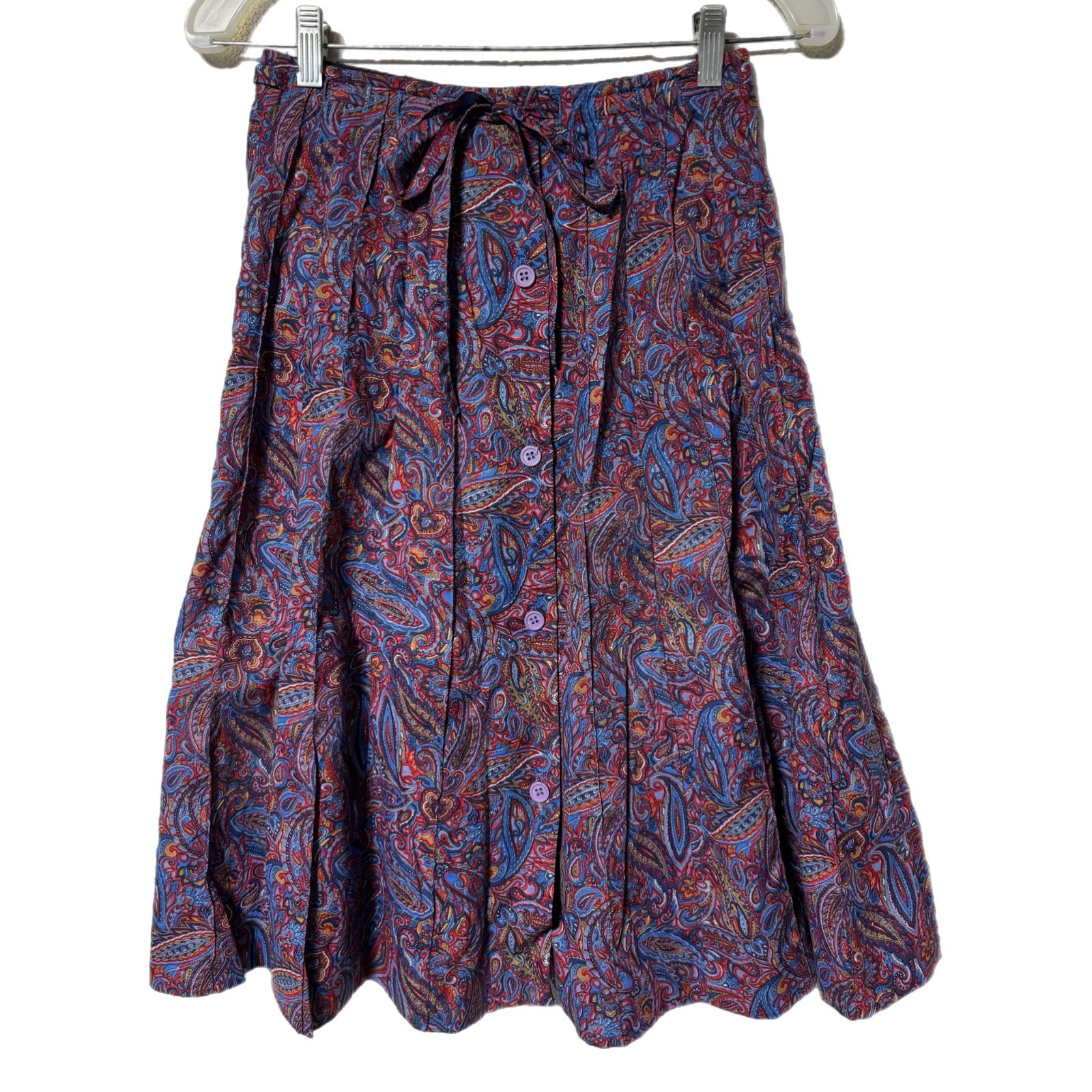 Vtg 60s Herman Geist Jewel Tone Paisley Pleated Button Up Midi Skirt Small 10