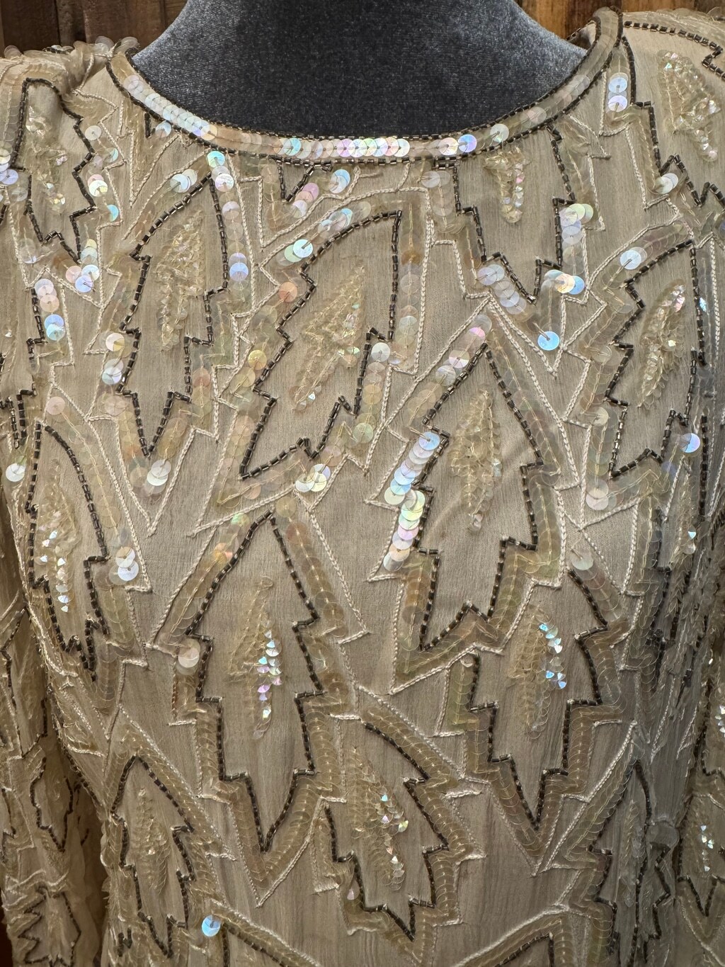 Vintage Champagne Gold Sequin Beaded Midi Dress Long Sleeve Tassel Belt Gala