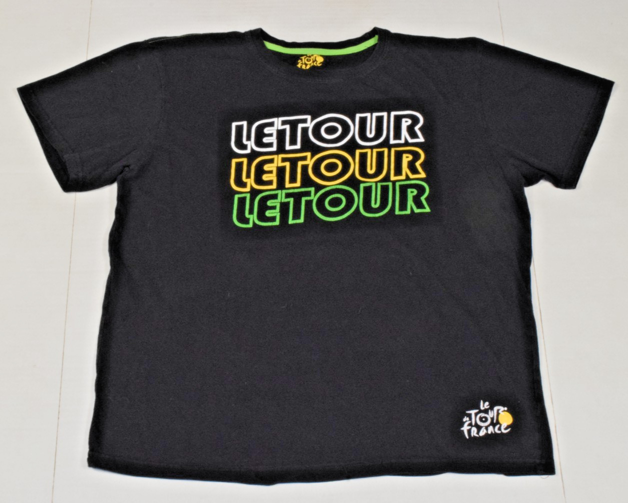 VTG T-Shirt Le Tour de France Size L Y2K Black Cotton 3 Neon Scripts Race Logo