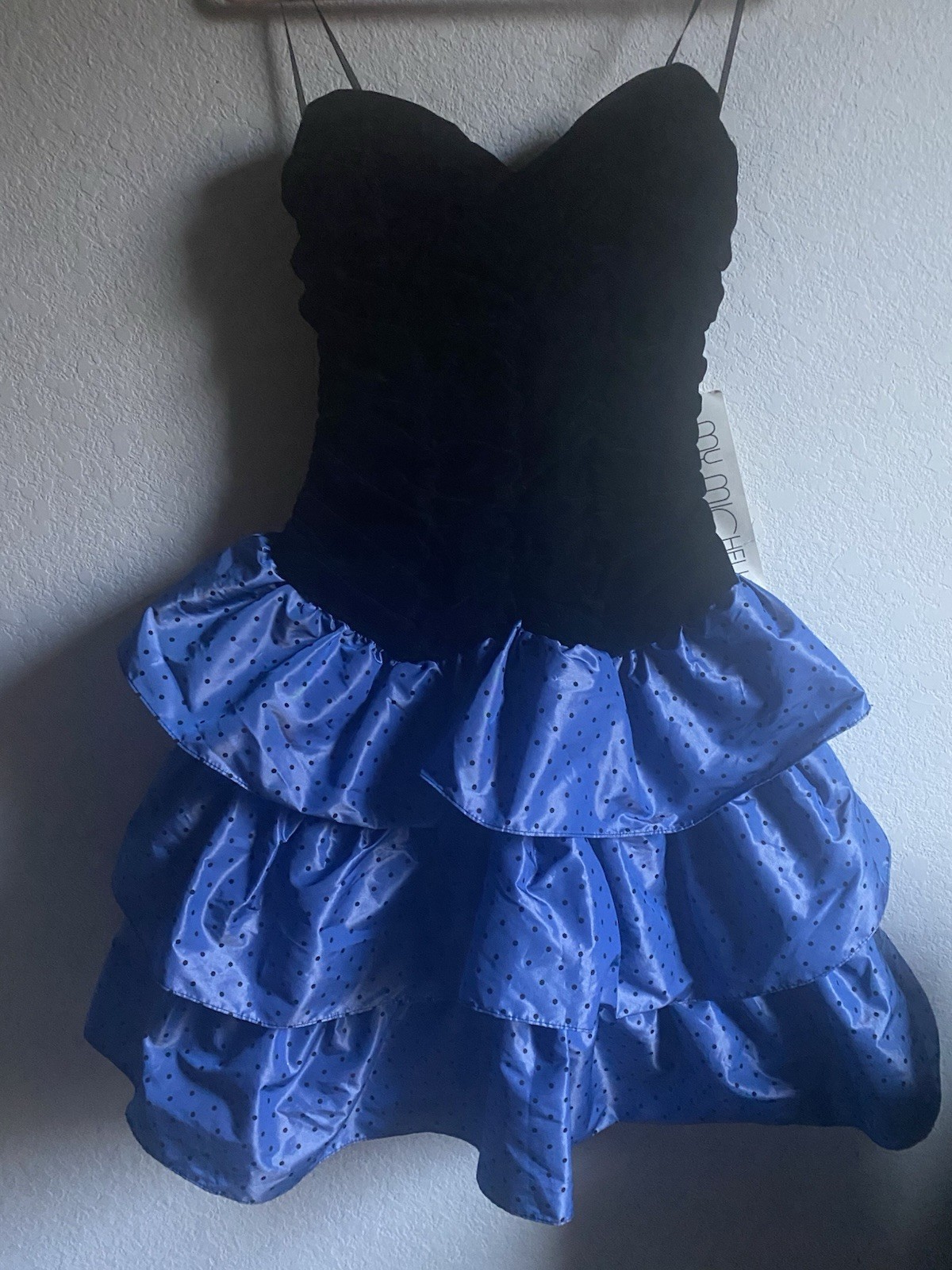 VTG Y2K My Michelle Strapless Black Velvet Bodice Polka Dot Tiered Dress 11/12
