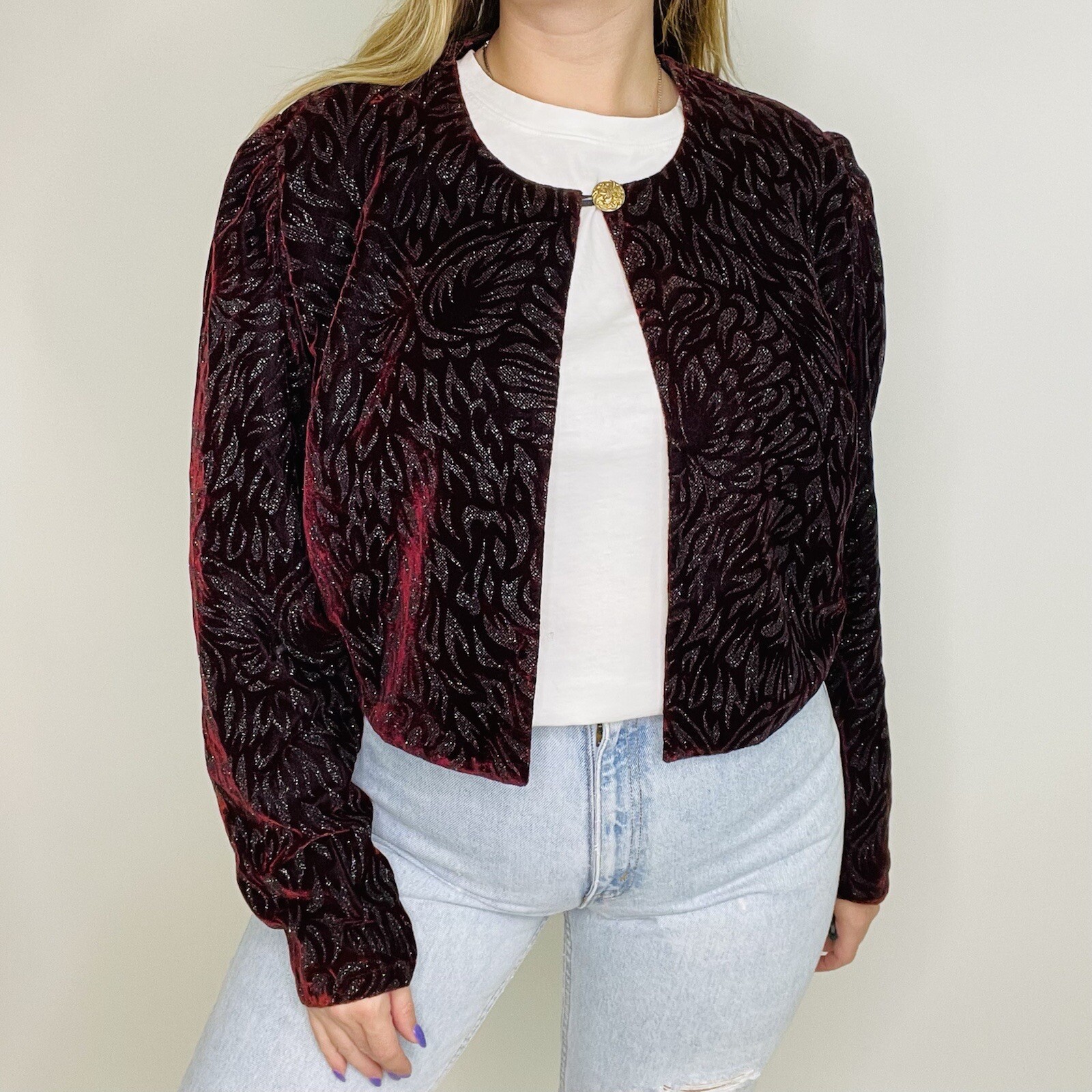 Vintage 80s 90s Velvet Encrusted Embossed Bling Sparkle One Button Cardigan L/XL