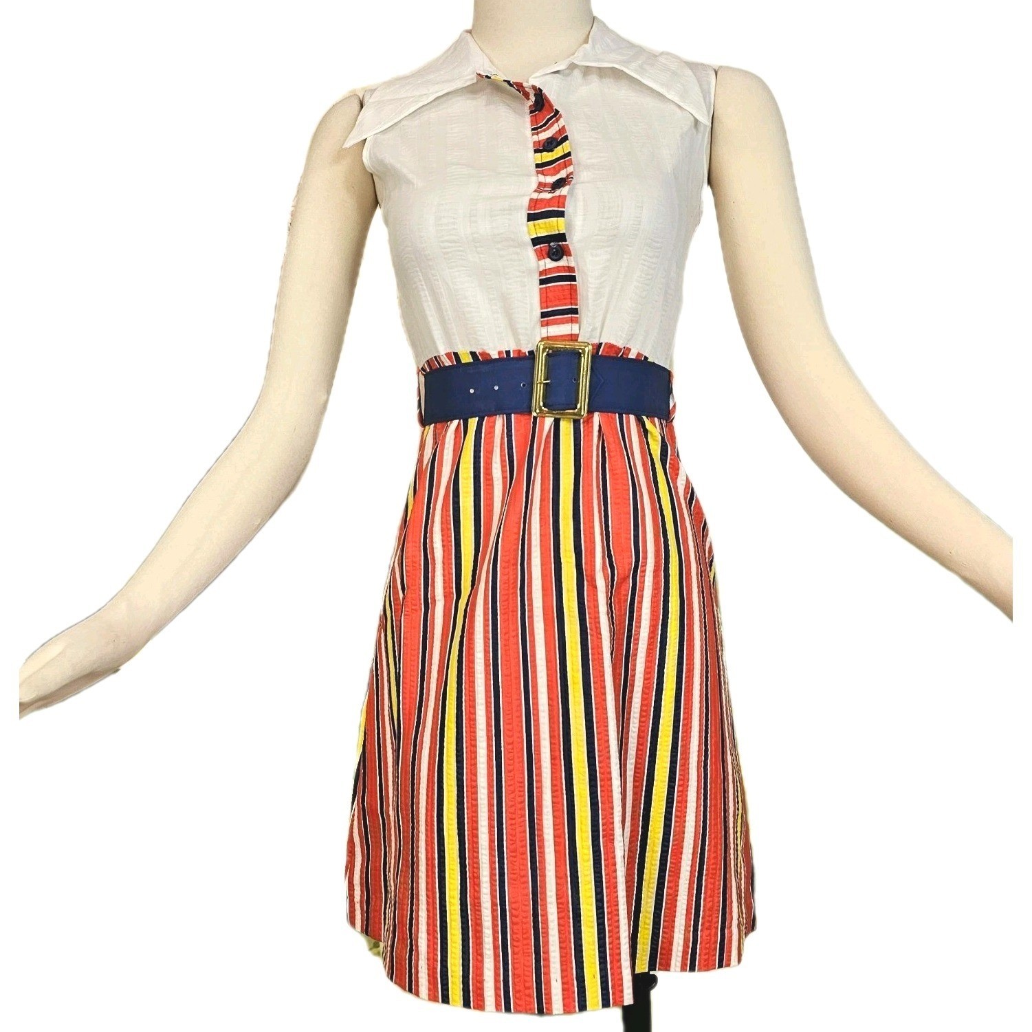 Vintage 1970s Dress Sleeveless Minidress White Button Up Pointed Collar Striped