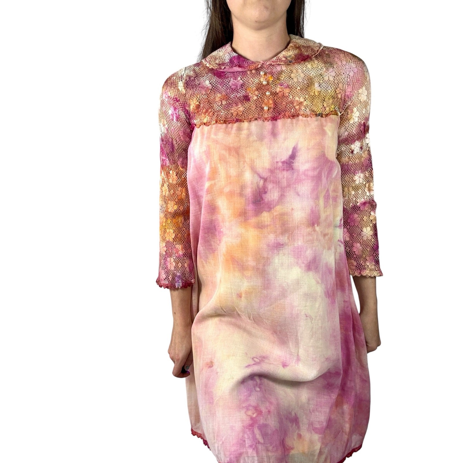 Vintage 1960s Hand Dyed Pink Orange Ice Dye Shift Dress Bell Sleeves Lace Yoke