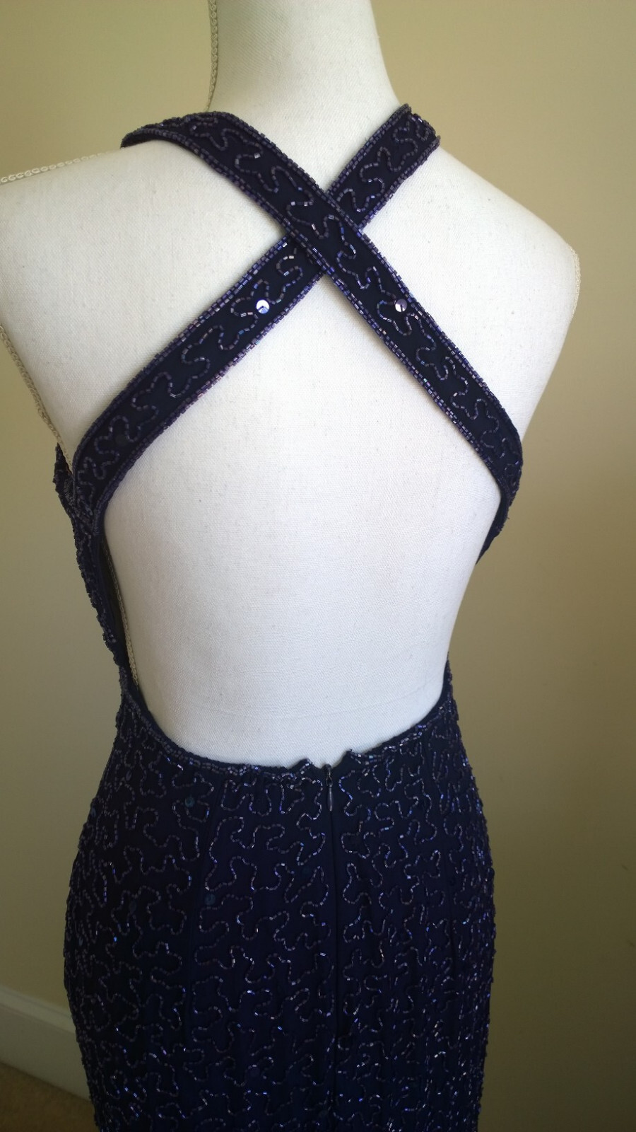 Vtg New Andretta Donatello Silk Beaded Formal Evening Gown Sexy Dark Blue Sz M