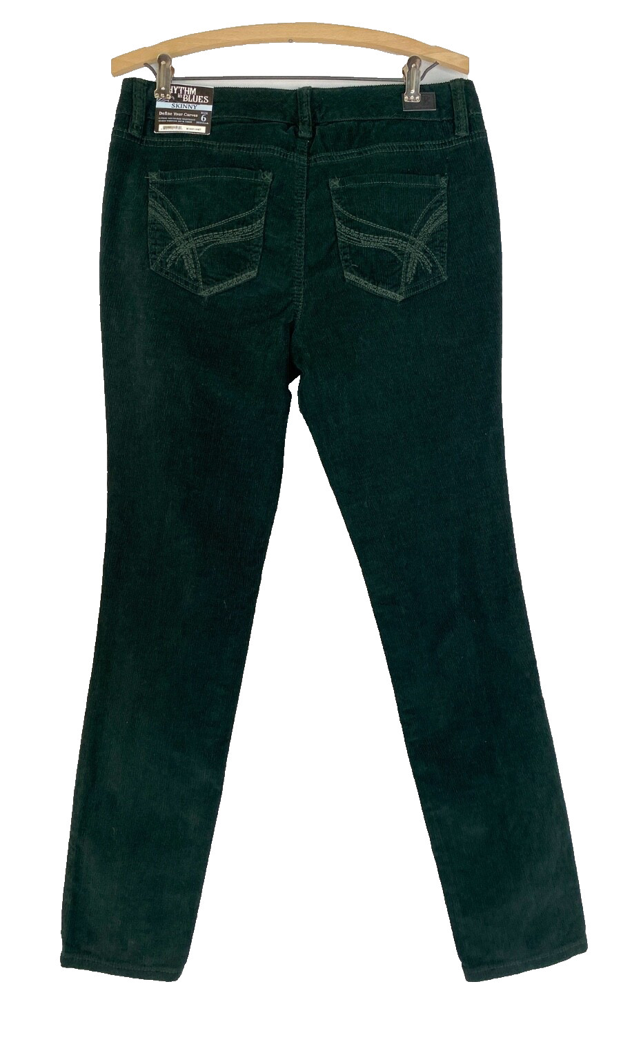 NWT green corduroy pants RHYTHM IN BLUES skinny stretch dark forest vintage 6