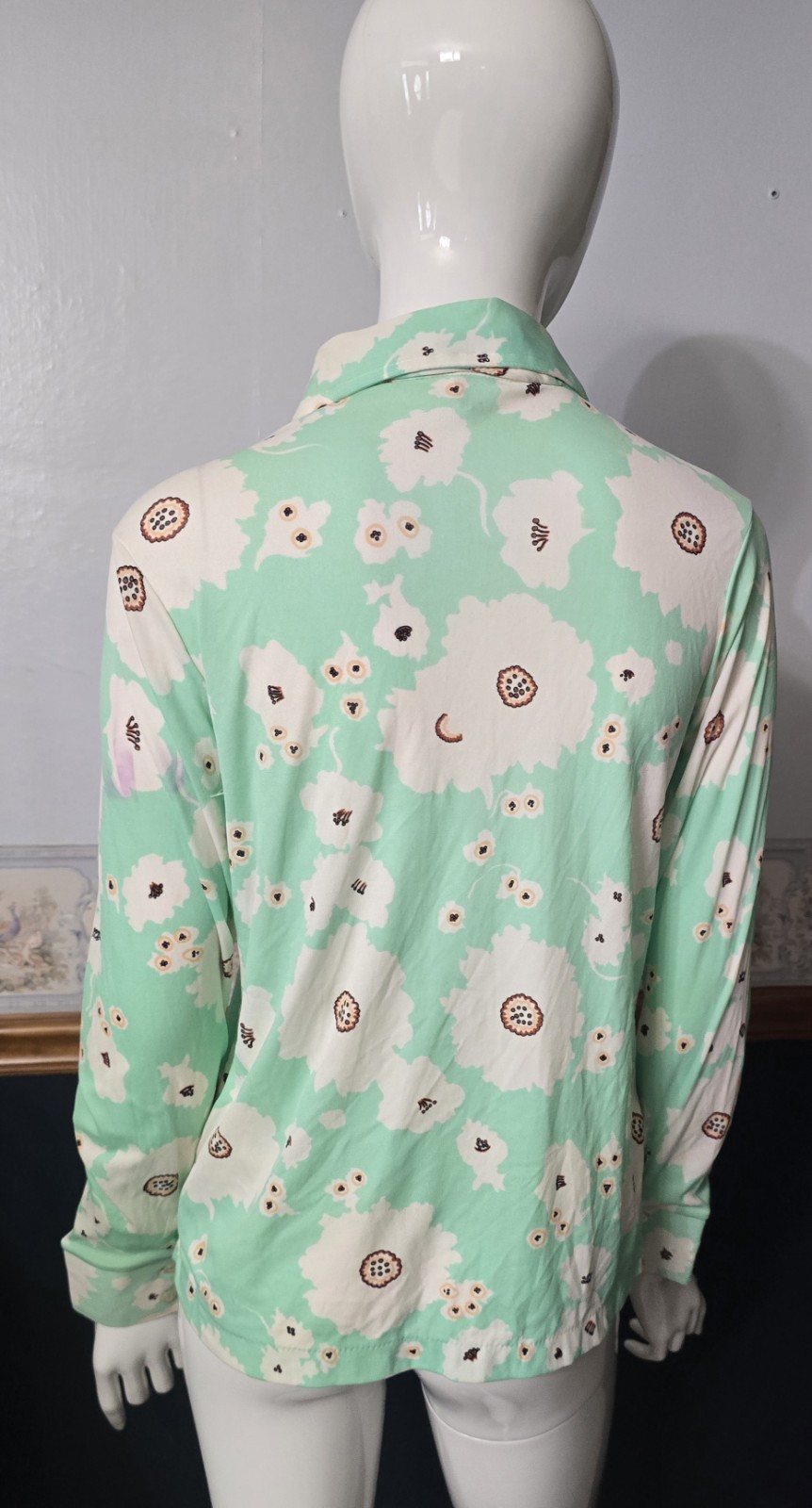 70s Mint Green Floral Disco Shirt Dagger Collar Fits Modern XS/S (Tagged L)