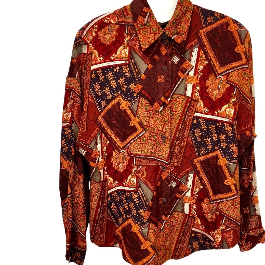VTG Linda Allard Ellen Tracy Silk Blouse Scarf Print Office Siren 90’s 12 Tall