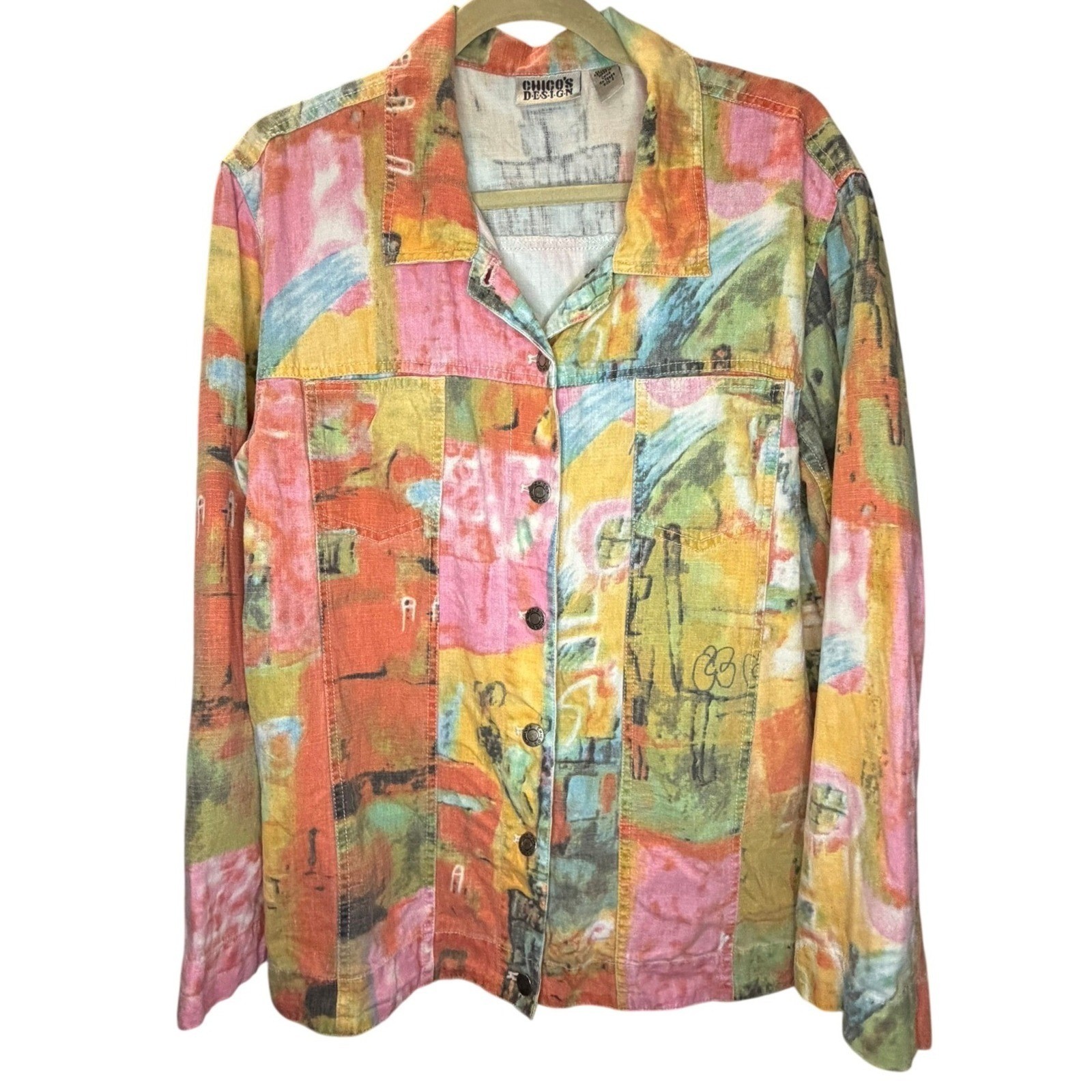 Vintage Chico’s Design Jacket Womens 2 Multicolor 90s Abstract Art Linen Cotton
