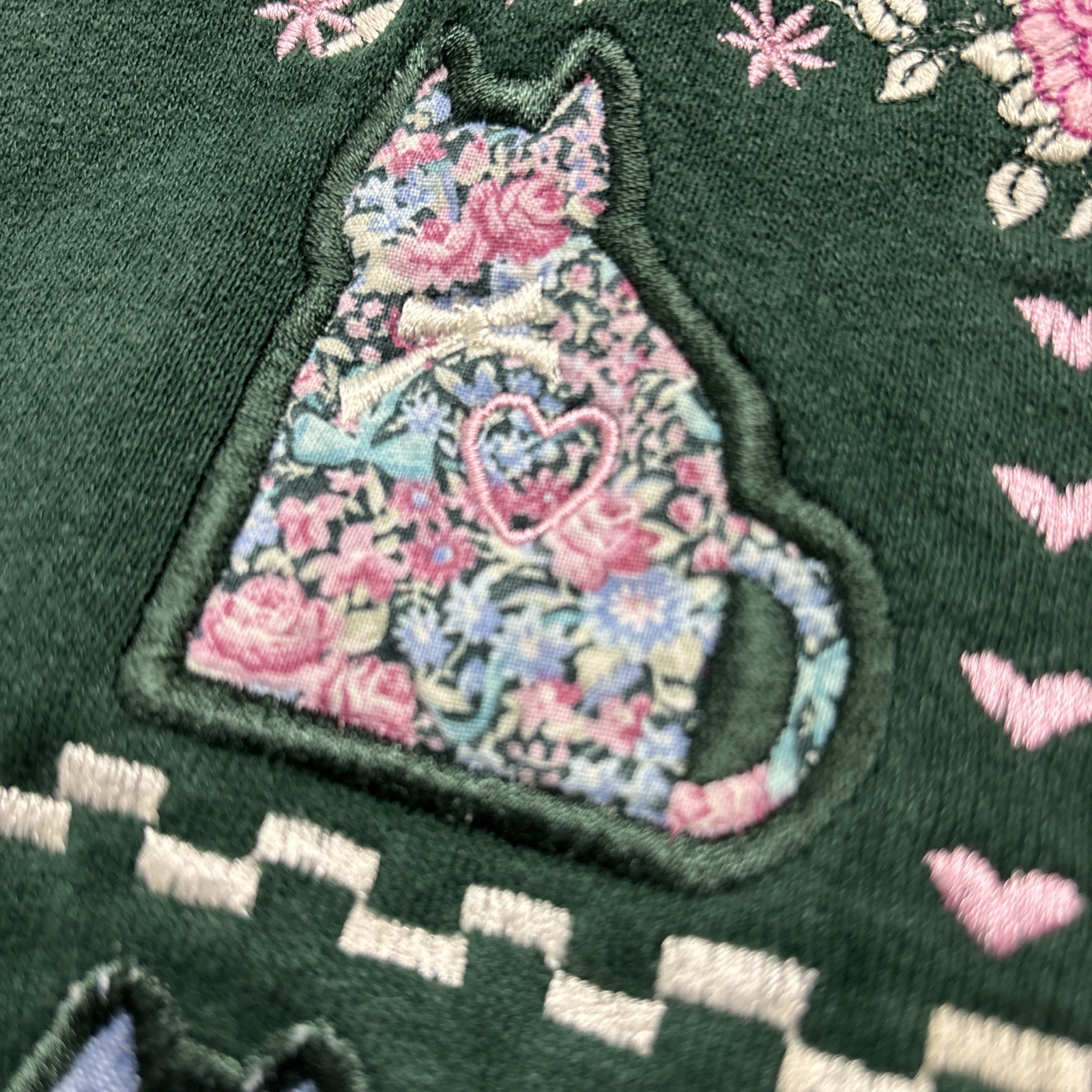 Vintage 90s Endless Designs Embroidered Cat Sweat Shirt Green L USA