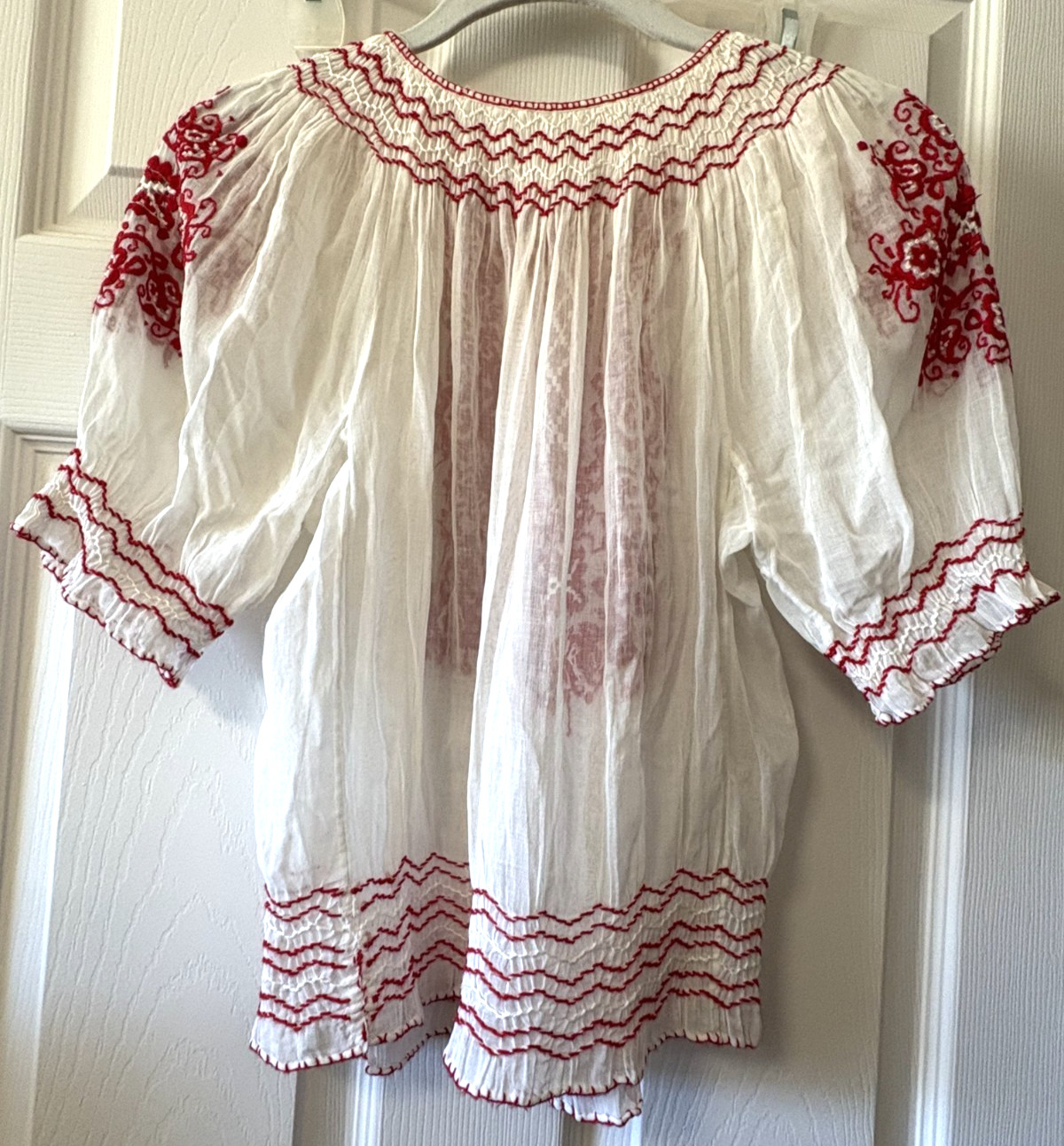 Authentic Antique 1930s 40s Yugoslavian Hand Embroidered Hand Smocked Blouse S-M