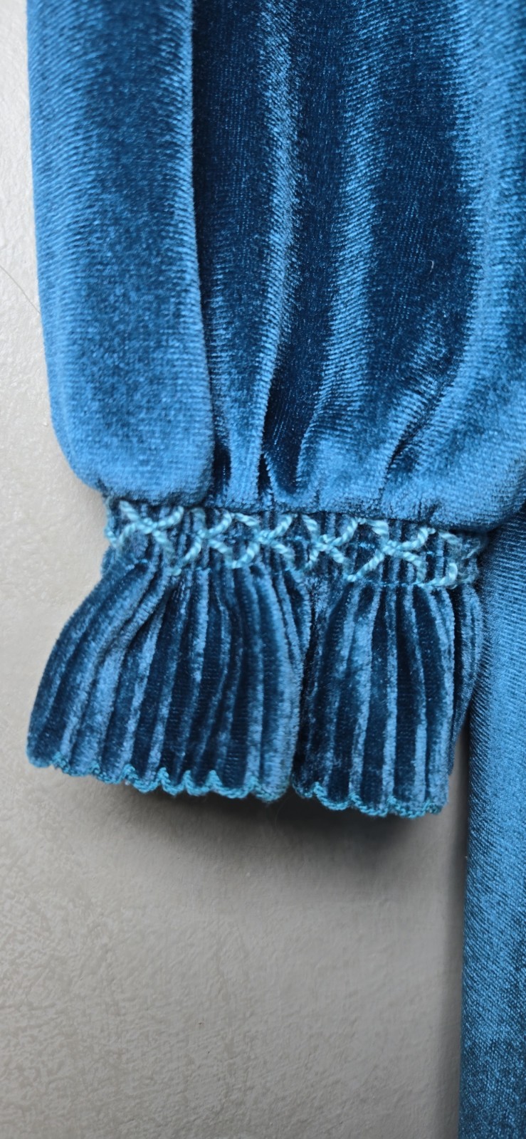 Vintage Teal Velvet Prairie Dress Ruffle Trim Made in USA Cottagecore
