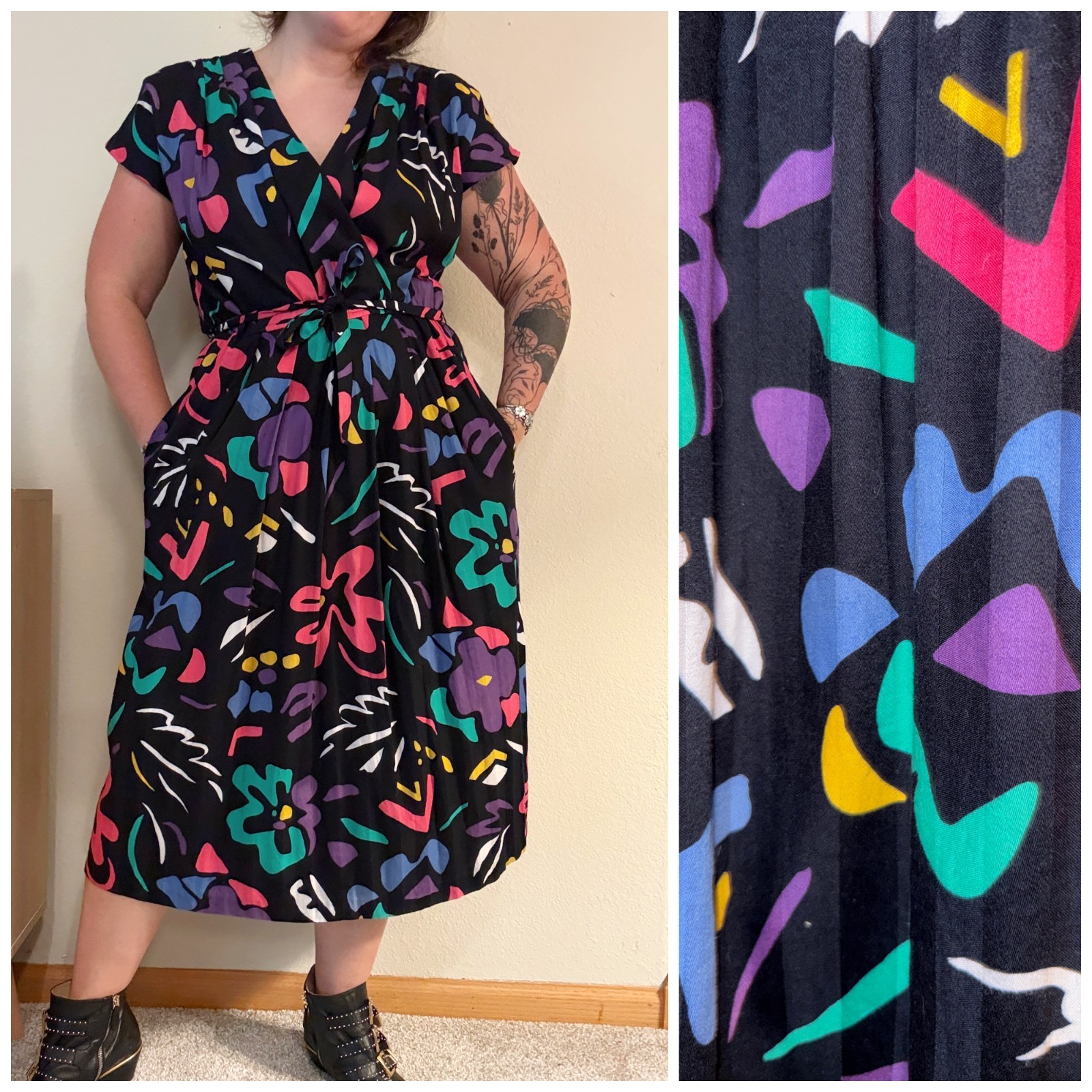 Vintage 80s Raoul Bright Printed Abstract Floral Belted Dress Large