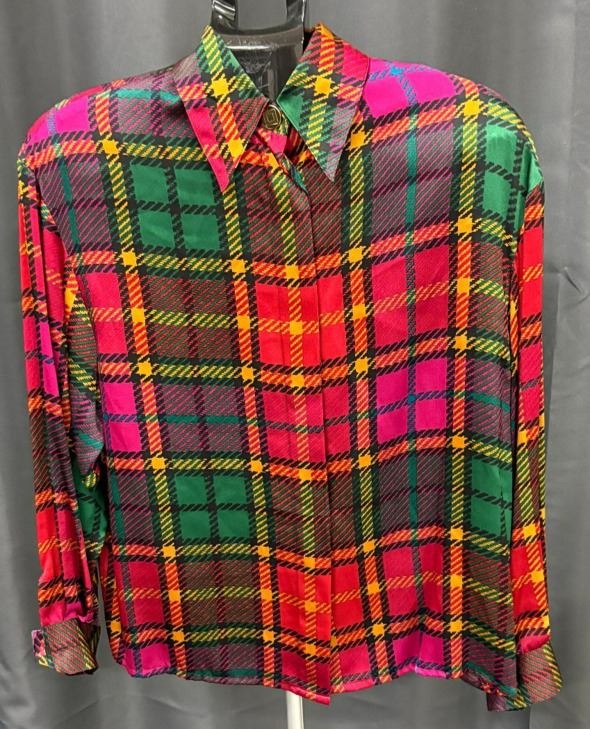 Vintage 100% Silk Jewel Tone Plaid Bold Check Button-Down Blouse 80s Starington