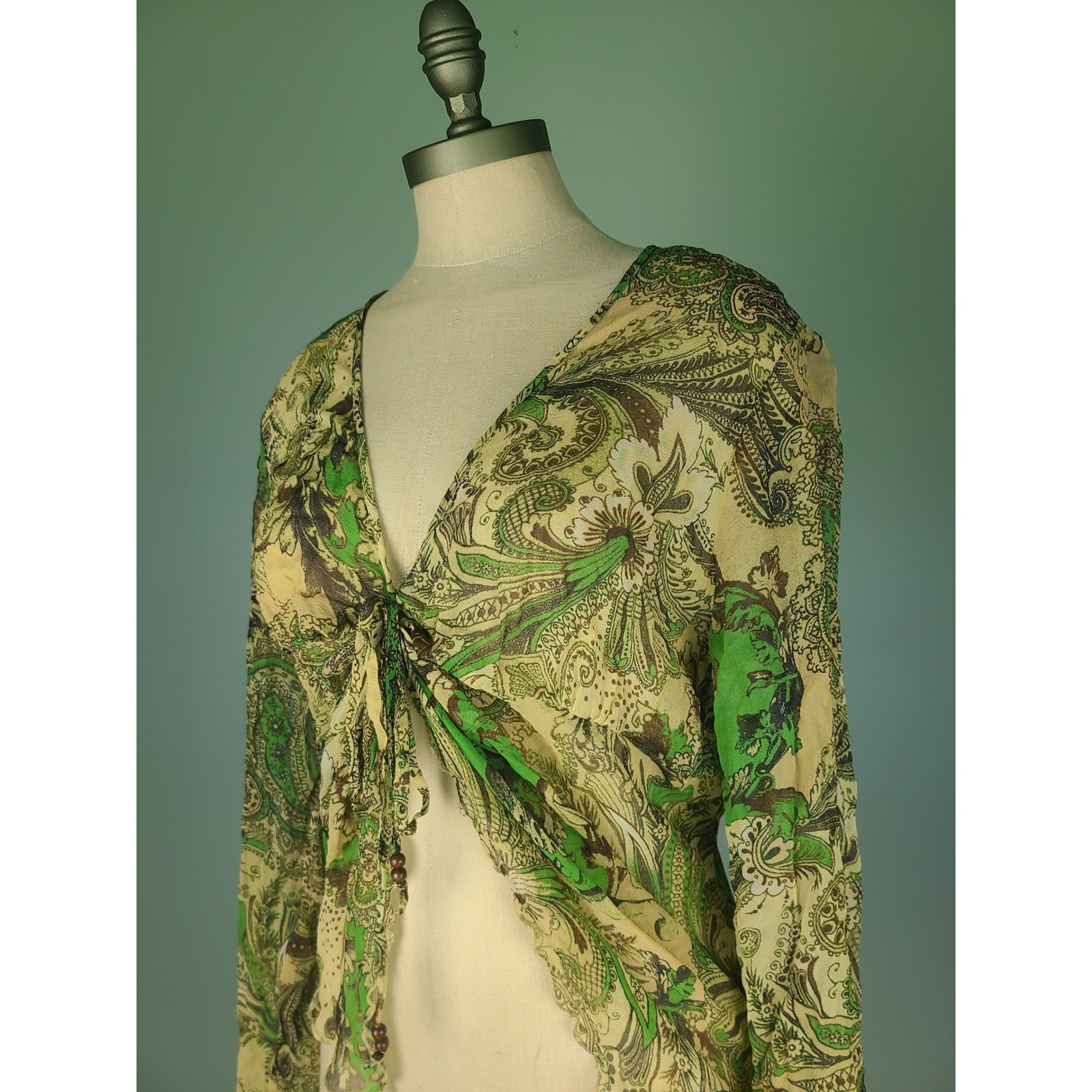 VTG Karen Kane XL 100% Silk Babydoll Top Green Paisley Fairycore Whimsical 70s