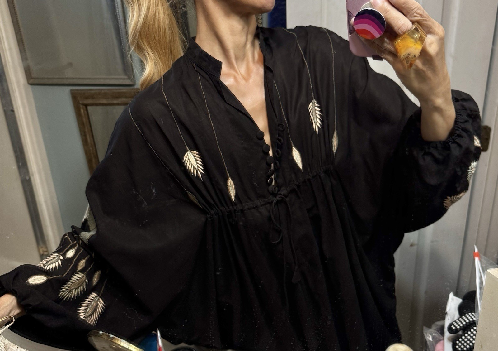 Vtg Kitty Kumar Calcutta India Cotton Caftan Embroidered Hostess Dress 70s Open