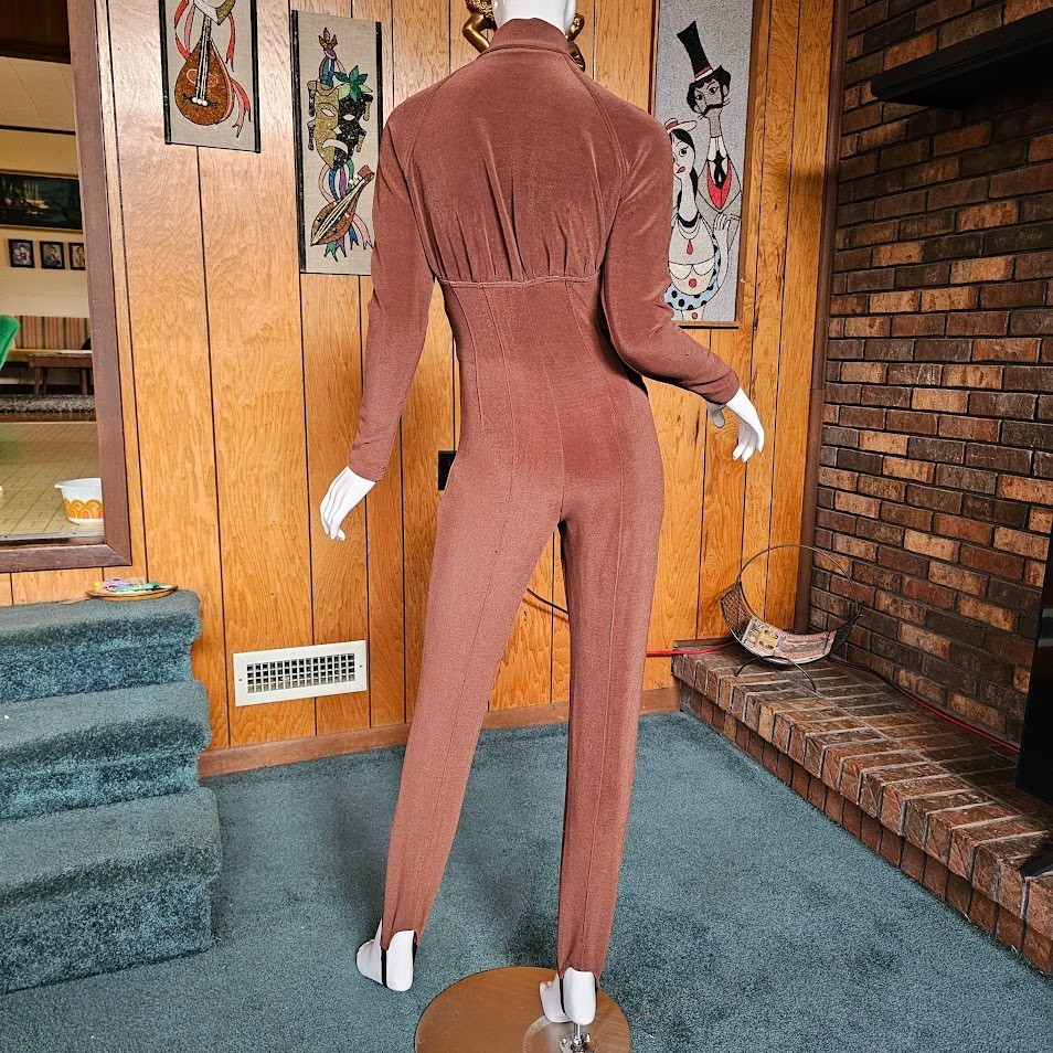 Vtg 80s Urban Ski Bunny Corset Seams Catsuit Slinky Stirrup Pants Jumpsuit S/M