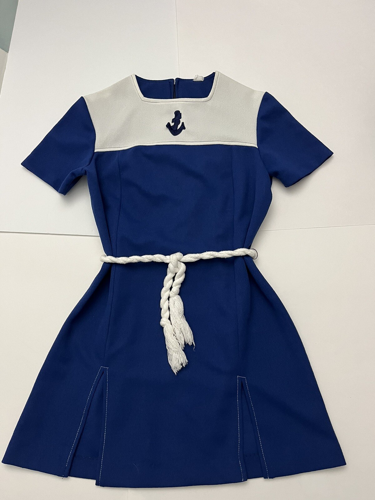 1970s Retro MINI DRESS-Navy Look-Anchor Motif-Side Slits-Braided Rope Belt-Sz 8?