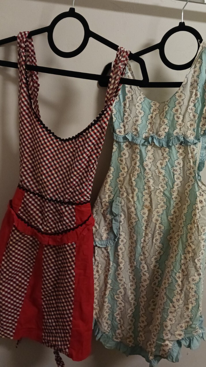 2 Vintage Aprons Red White Blue Plaid, Blue White Floral 1960’s