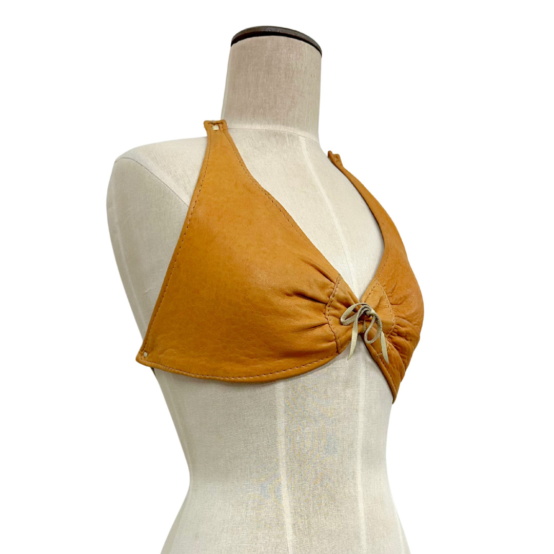 Vintage 1970s Orange Leather Woodstock Hippie Bra Top