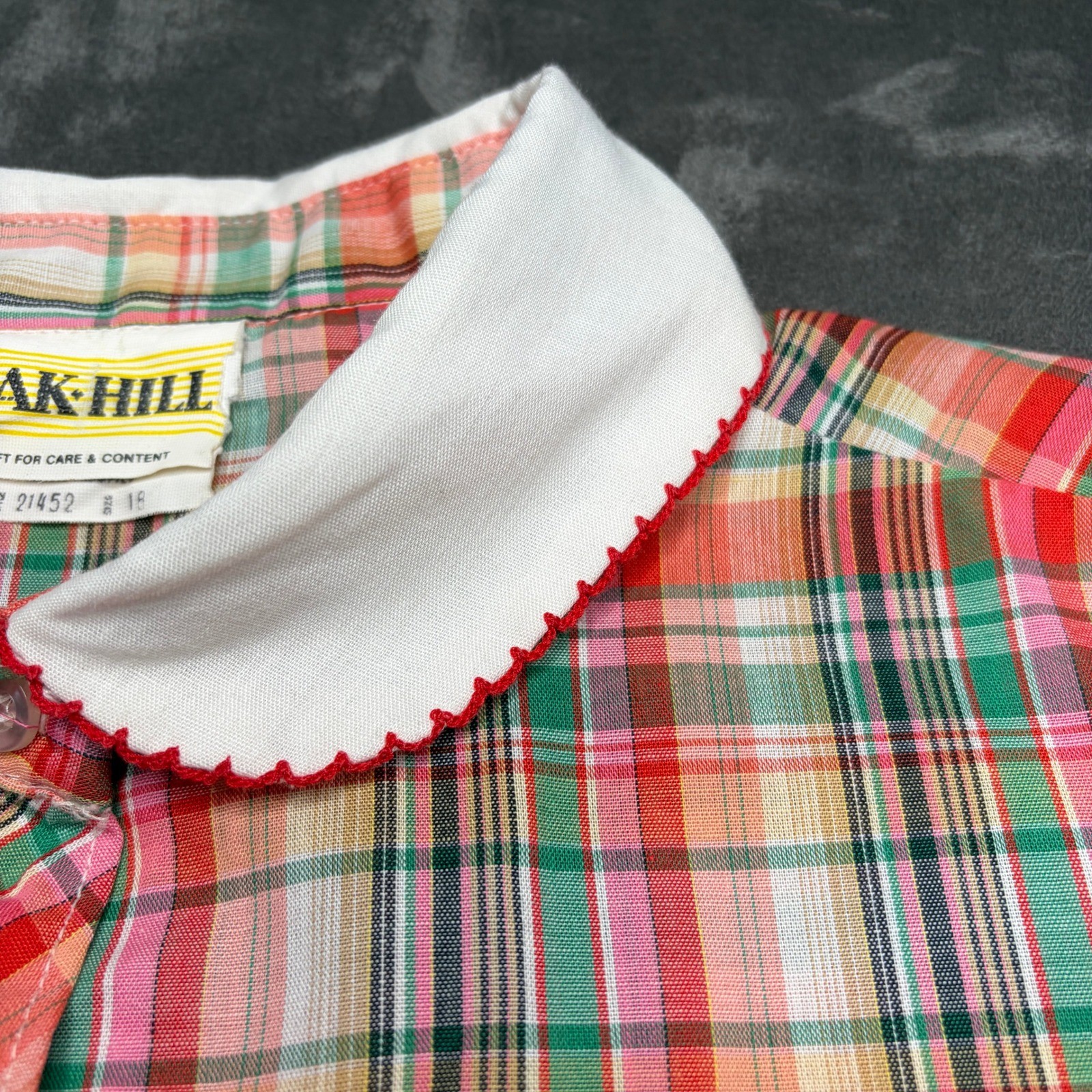 Oak Hill Plaid Blouse Women 18 Red Pink Scalloped Peter Pan Collar Puff Sleeve