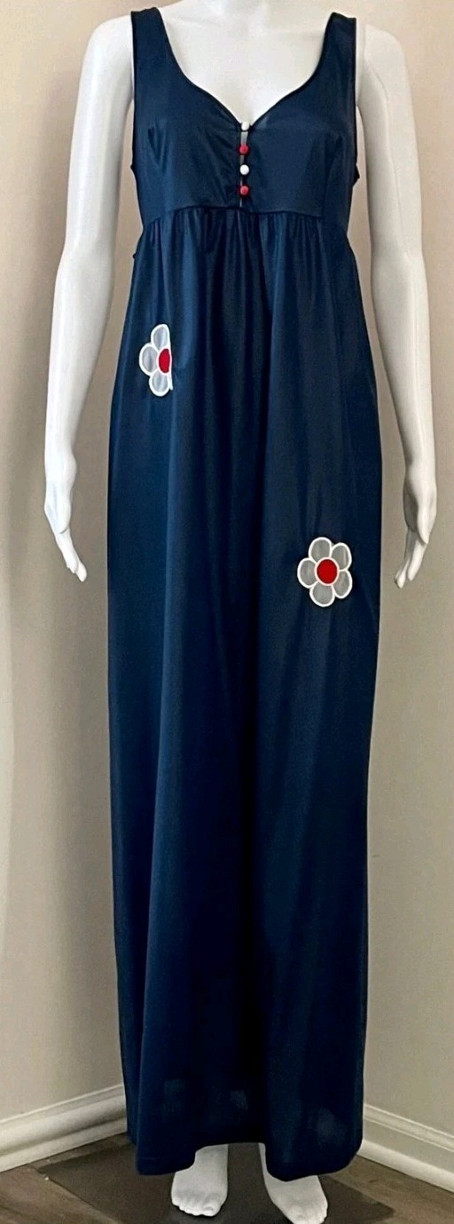 Nightgown Midnight Medium Embroider Flower Appliques Red White Blue Retro 70s
