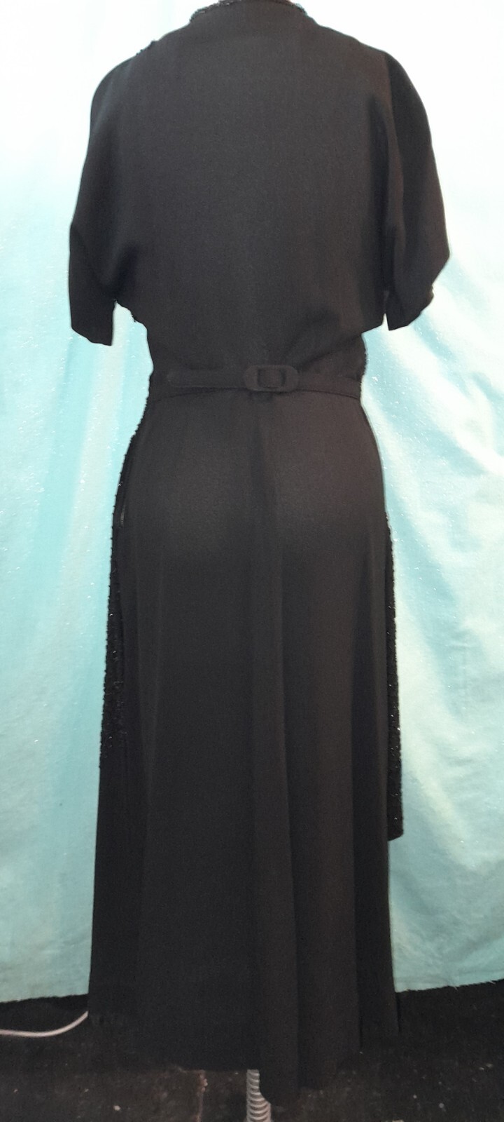 Vtg 1940s Rayon Crepe ENCRUSTED Beaded Black Evening Cocktail Long Sash Dress M