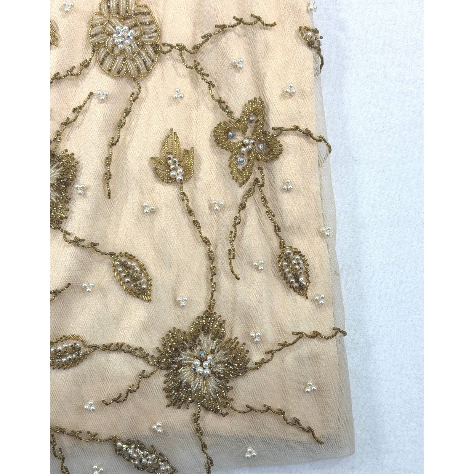 Handmade Vintage Palm Beach Gold Silk Beaded Dress 14 M / L Long Sleeve