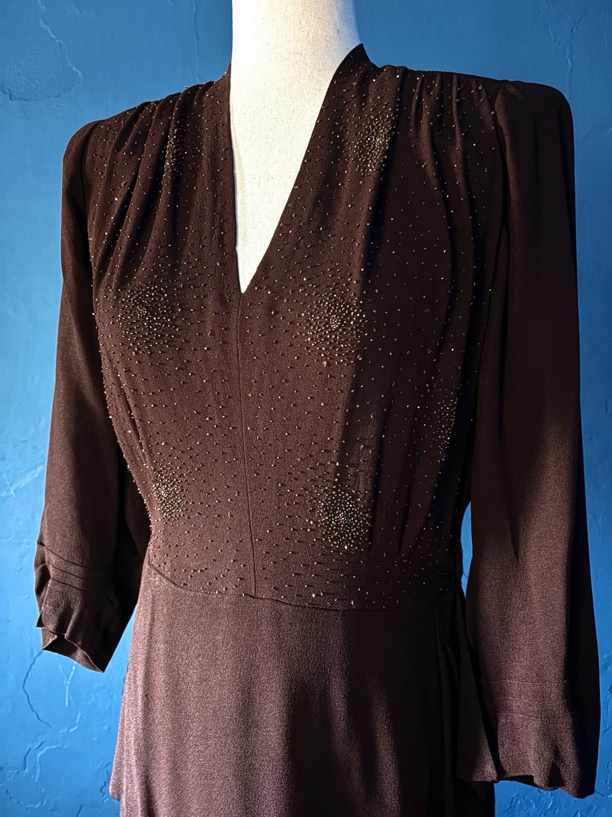 1940’s Rayon Beaded Crepe Chocolate Brown Dress By La Rue 28-29”