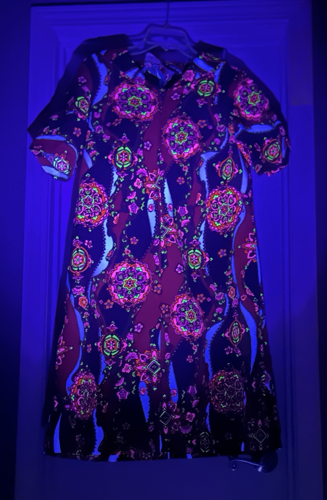 Vintage 70s Retro Mod Psychedelic Shift Dress Poly Knit Handmade Womens L *Glows